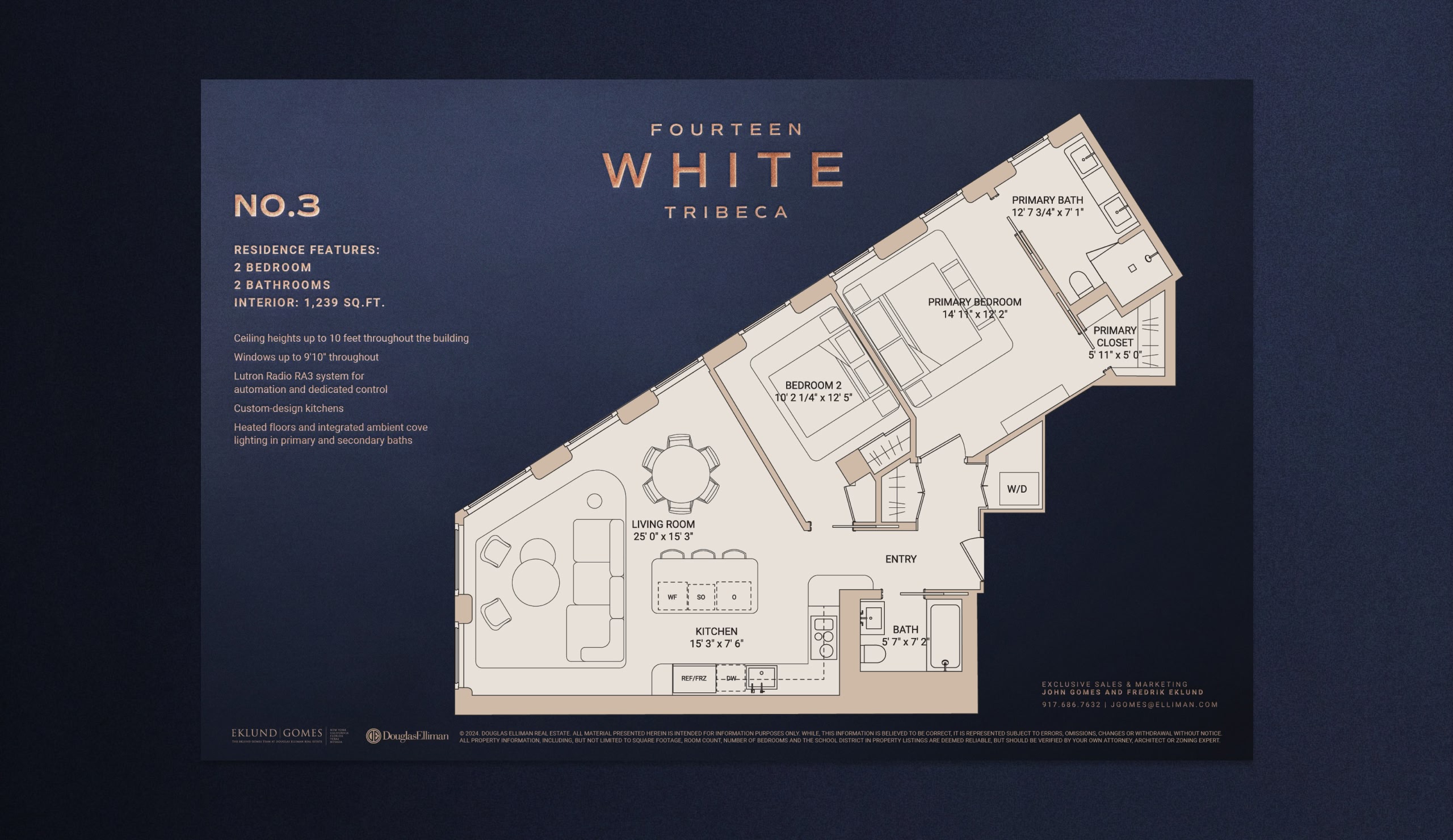 Fourteen White Tribeca – Residence No.3 branded floorplan collateral design, 2 bedroom 1,239 sq ft, by Pedja Zdravkovic