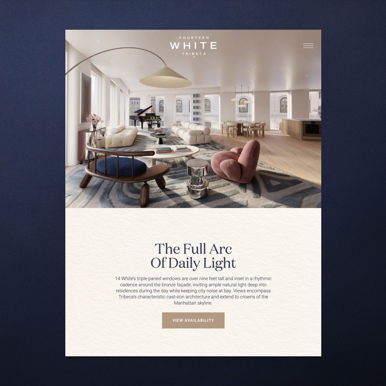 Fourteen White Tribeca – Website residences page design showing The Full Arc of Daily Light section, by Pedja Zdravkovic