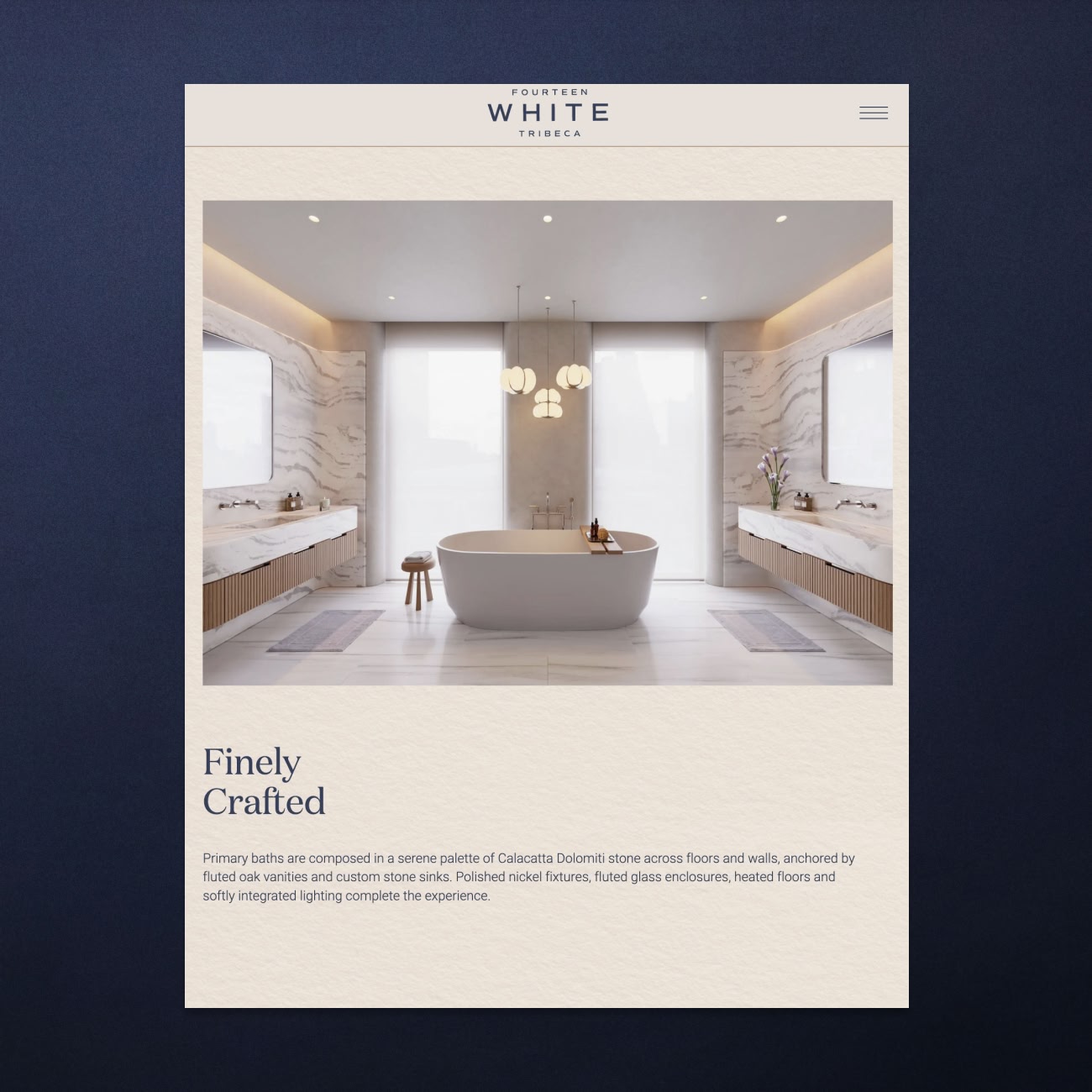 Fourteen White Tribeca – Website Finely Crafted primary bathroom page design, luxury Tribeca residence, by Pedja Zdravkovic