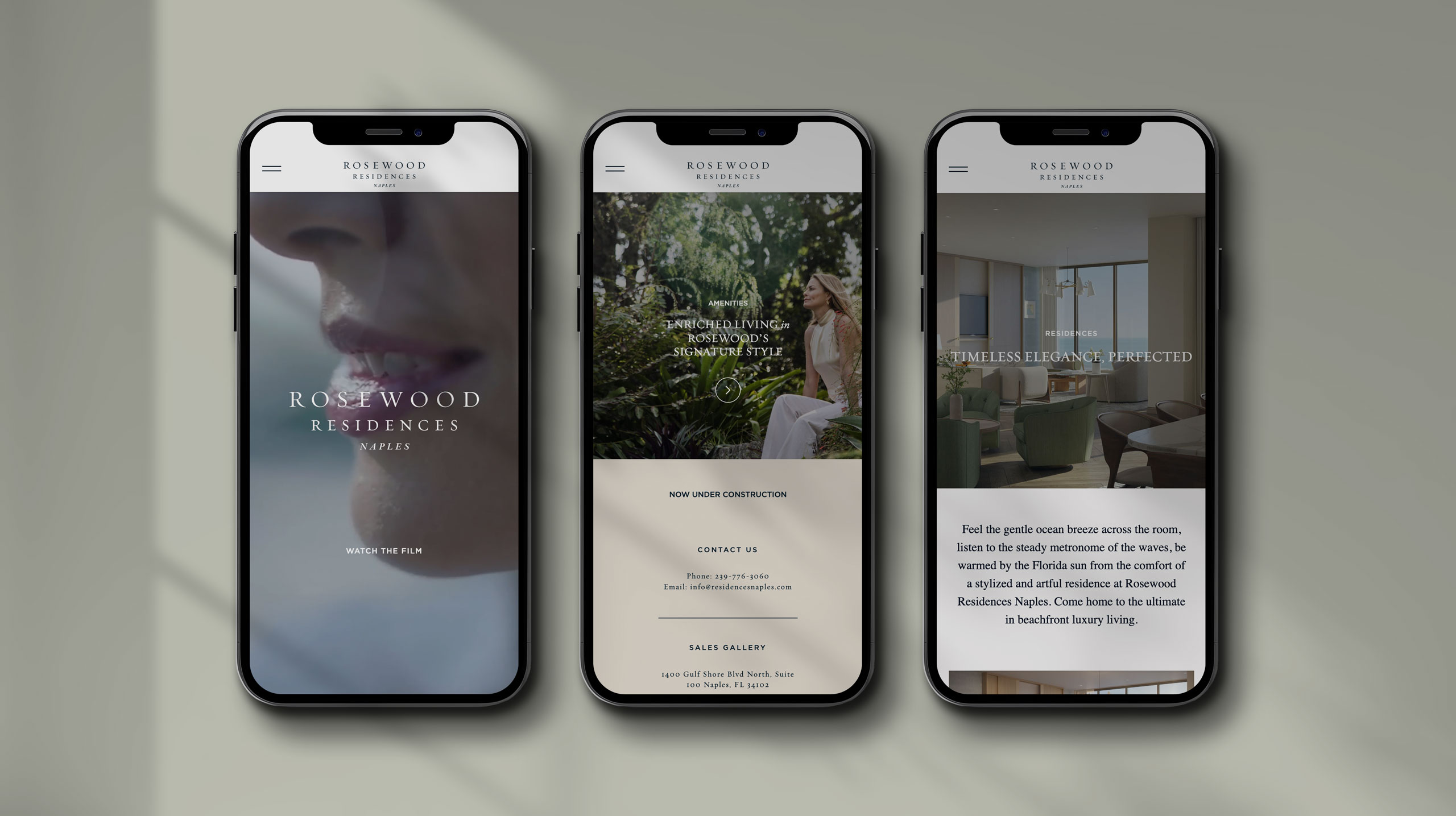 Rosewood Residences Naples – Mobile website design mockup showing three iPhone screens, by Pedja Zdravkovic