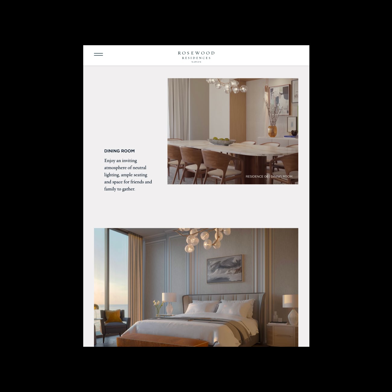 Rosewood Residences Naples – Residences interior page design featuring dining room and bedroom renders, by Pedja Zdravkovic
